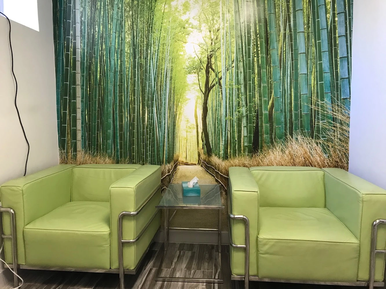 APP Health Group waiting room with green chairs facing bamboo forest wall mural