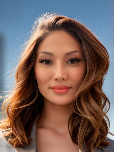 Portrait of woman with long wavy highlighted hair against blue sky background
