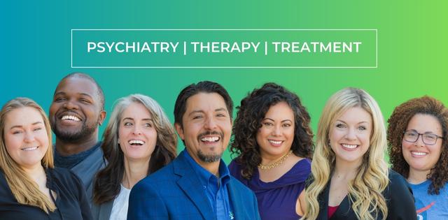 Seven mental health professionals smiling at camera with text overlay: Psychiatry | Therapy | Treatment