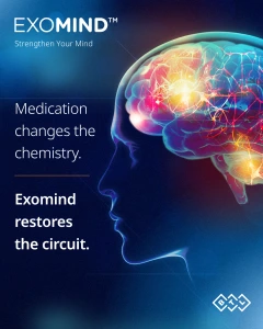 Exomind logo with tagline 'Strengthen Your Mind' next to colorful illustration of brain with neural pathways glowing in red, yellow, and blue, text states 'Medication changes the chemistry. Exomind restores the circuit.'