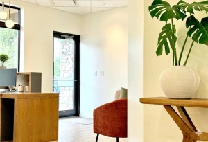 Modern clinical office reception area with wooden desk, monstera plant, and entrance door