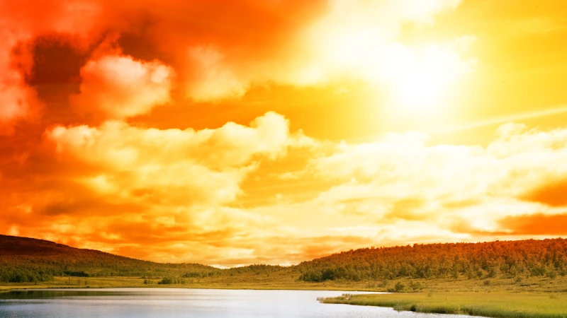 Sunset over lake and forest landscape