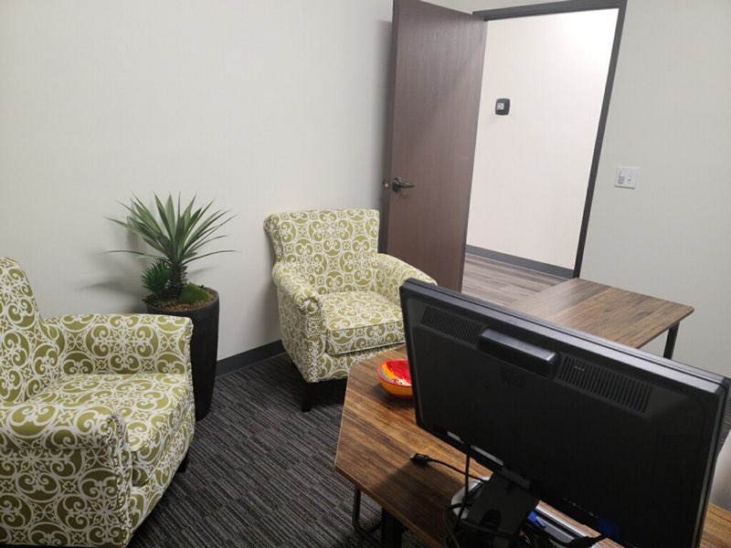 Quiet consultation room with patterned armchairs, desk with monitor, and potted plant