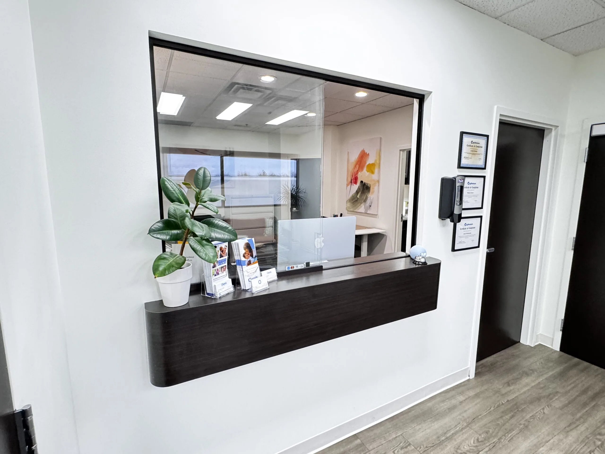 TMS therapy clinic reception desk with plant, brochures, and computer overlooking water view