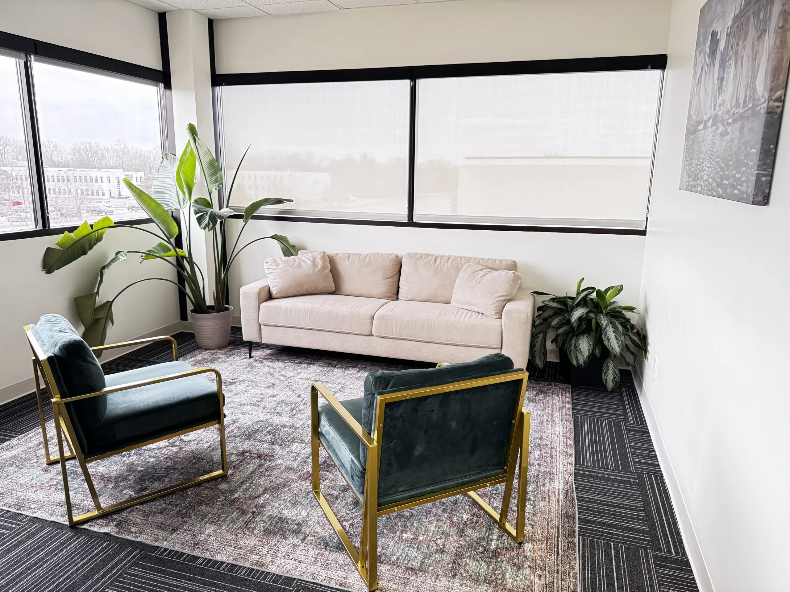 Comfortable waiting room with cream sofa, black chairs with gold frames, plants, and large windows