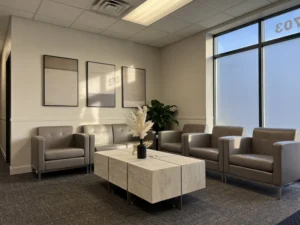 Modern clinical waiting room with gray leather armchairs, light wood coffee table, and large windows with natural light