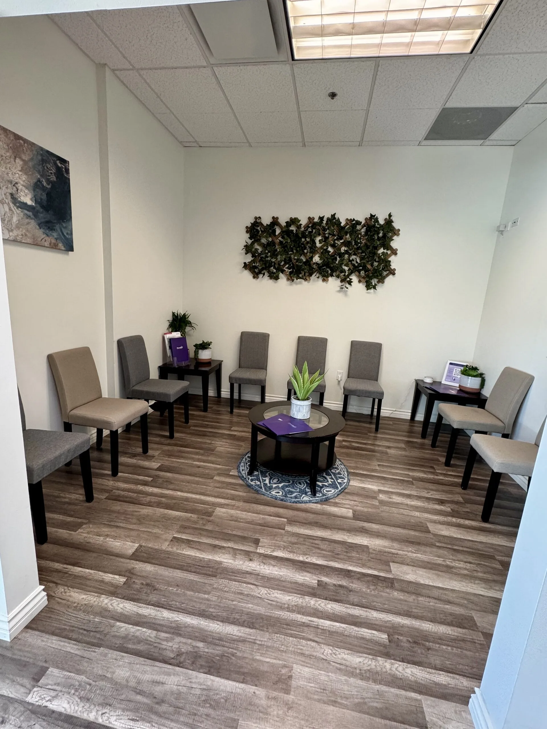 Waiting room with gray upholstered chairs, plants, and modern furnishings