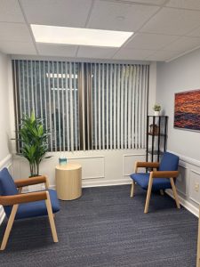Clinical consultation room with two blue-cushioned wooden chairs, small round table, potted plant, and artwork on wall
