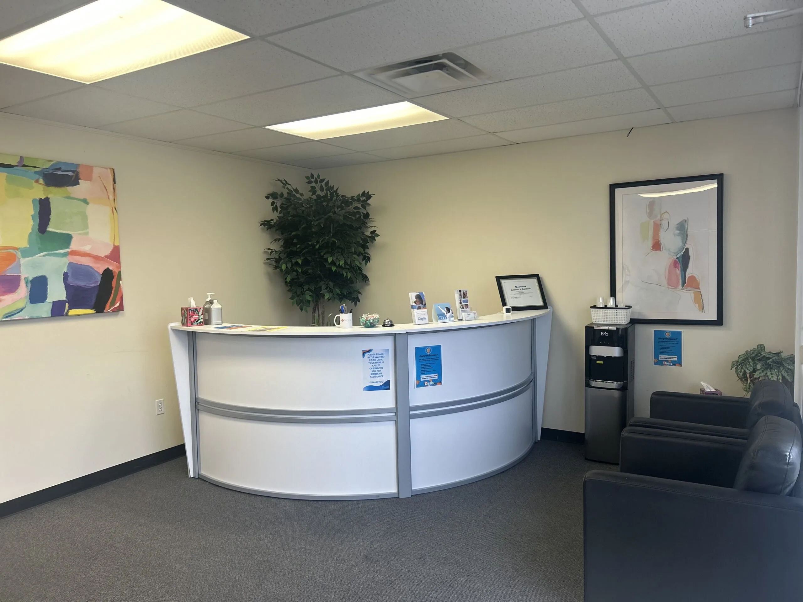 Clinic reception area with curved white desk, colorful wall art, plants, and seating