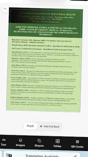 Green informational brochure listing addiction medicine, family counseling, and psychiatric treatment services and credentials