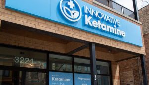 Innovative Ketamine clinic storefront at 3221 with blue signage and medical cross logo
