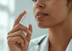Woman using nasal spray applicator