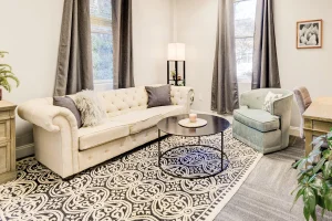 Comfortable waiting room with cream Chesterfield sofa, light green armchair, patterned area rug, and floor-to-ceiling windows with gray curtains