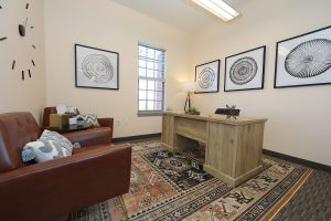 Consultation room with cognac leather seating, framed geometric wall art, wooden desk, and patterned rug