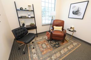 Private consultation room with black ladder shelf, rust armchair, black modern chair, and large windows