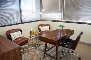 Consultation room with wooden desk, two brown leather chairs, and large windows