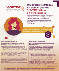 Spravato esketamine nasal spray product information with woman illustration and safety details about FDA-approved depression treatment