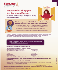 Spravato esketamine nasal spray information graphic showing clinical study results of depression symptom relief at 4 weeks and 24 hours compared to placebo, with illustrations of patients and safety information