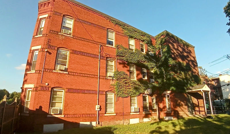 Three-story red brick building with ivy-covered side and clear blue sky