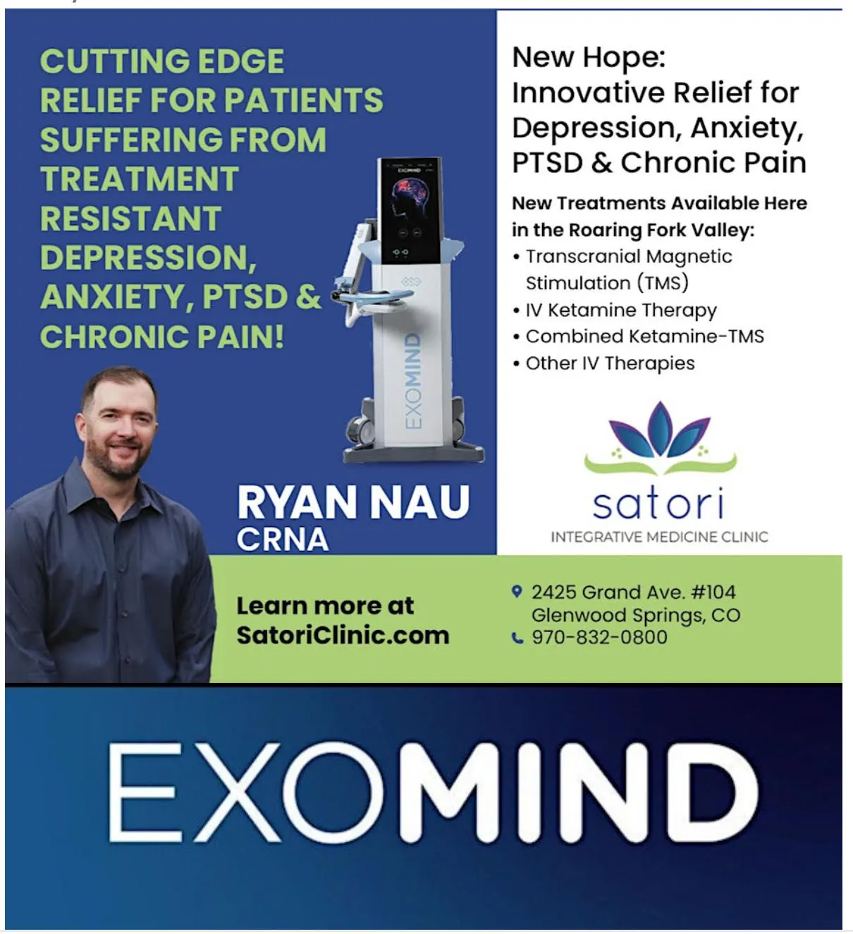 Ryan Nau CRNA with ExoMind TMS device offering cutting-edge relief for treatment-resistant depression, anxiety, PTSD and chronic pain at Satori Integrative Medicine Clinic in Glenwood Springs, CO