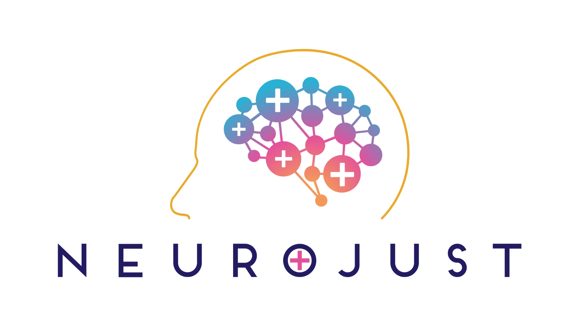 NeuroJust logo featuring a profile head outline with colorful medical plus symbols in the brain area