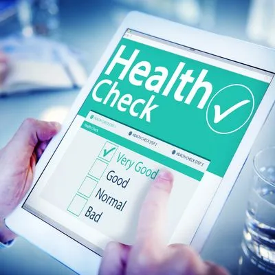 Tablet displaying health check form with Very Good, Good, Normal, Bad rating options