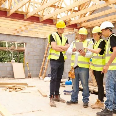 Construction team in hard hats and safety vests reviewing building plans on site