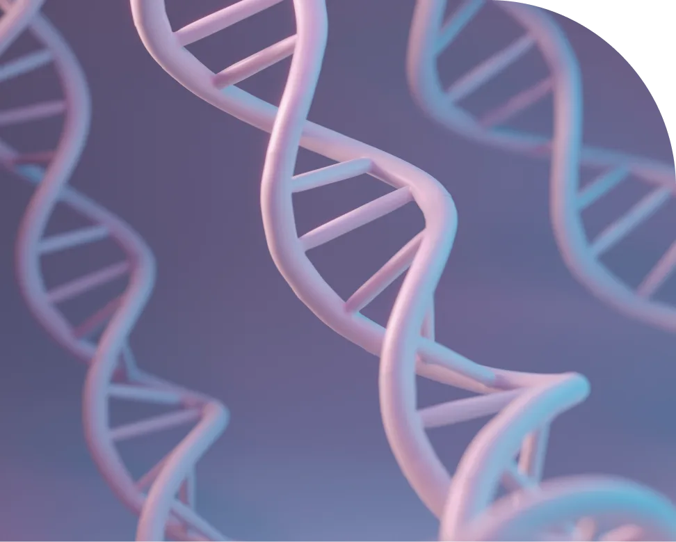 Illustrated DNA double helix strands in shades of pink and blue against purple background