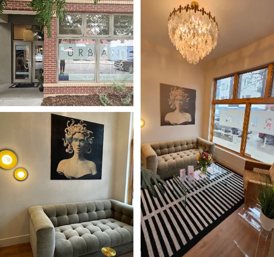 Urban Laser Denver storefront, luxury waiting room with chandelier and art, treatment seating area