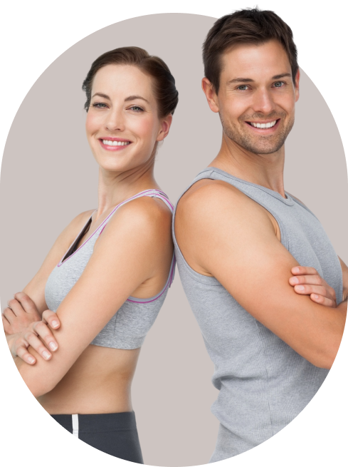 Woman and man smiling, displaying clear skin and toned arms