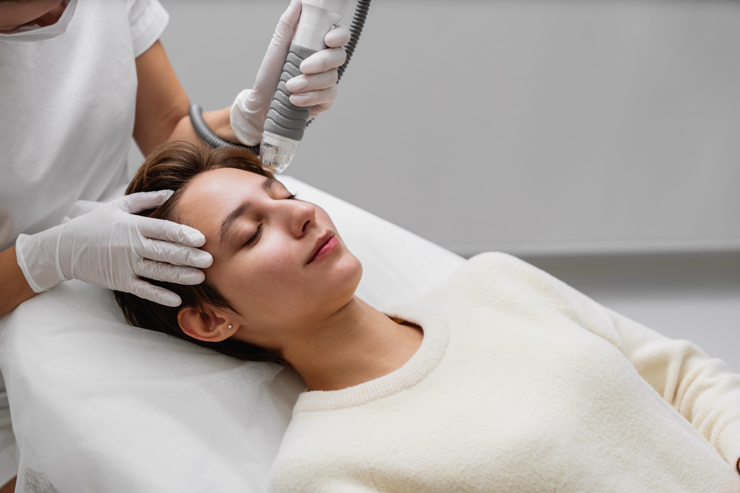 Practitioner performing RF microneedling treatment on patient's forehead with handheld device