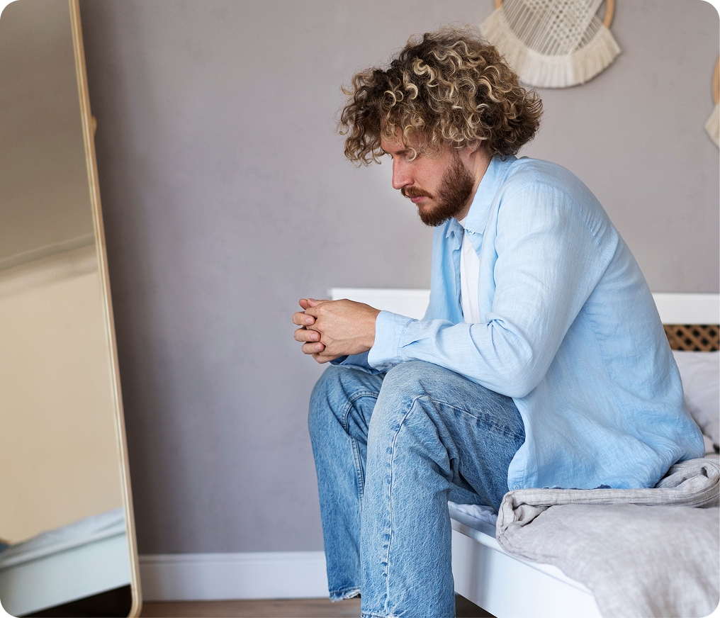 Man sitting on bed in blue shirt, holding cup with concerned expression