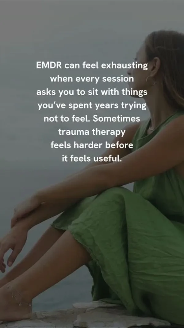 Woman sitting by the water with a note on why EMDR sessions can feel exhausting
