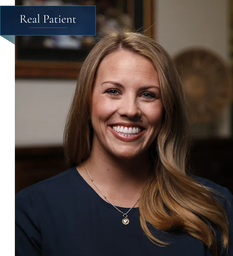 Real Patient label with headshot of woman with long brown hair smiling, showing dental results