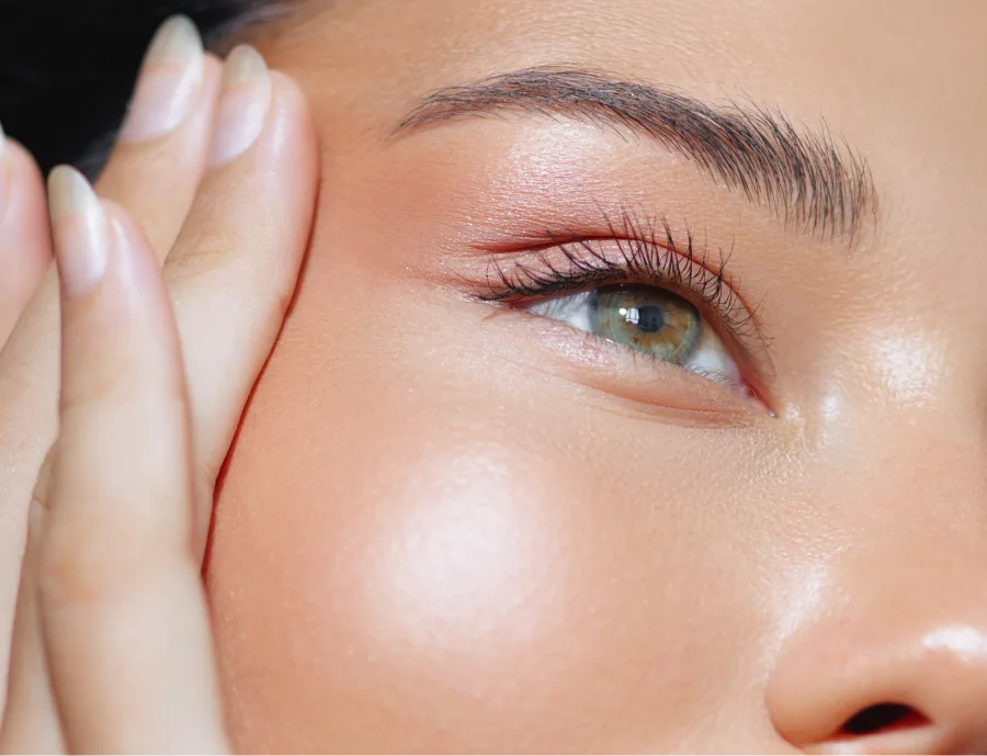 Close-up of woman's eye and cheekbone with hand near face