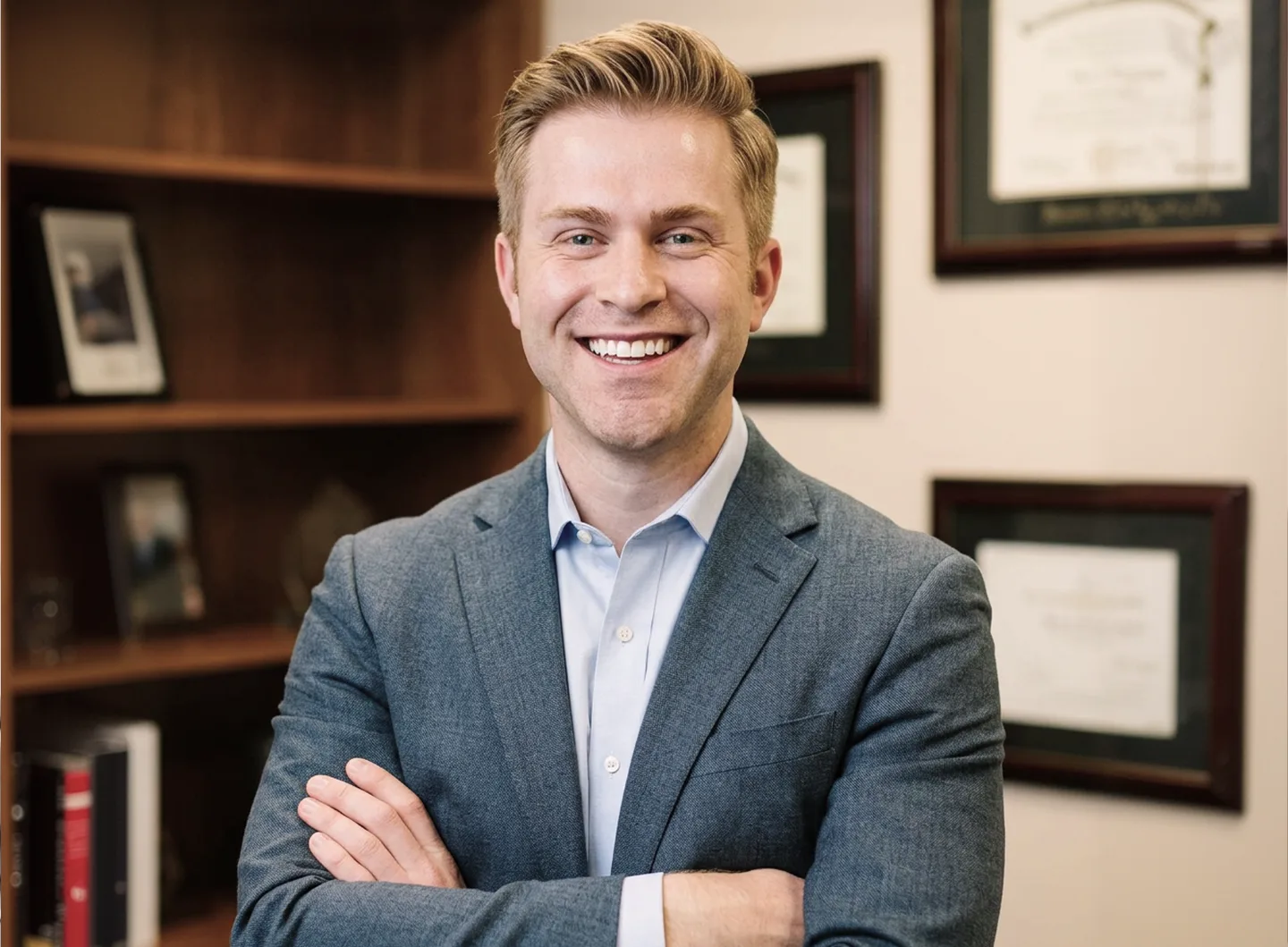 Blonde male professional with arms crossed wearing gray blazer and light blue shirt in office with wooden shelving and framed credentials