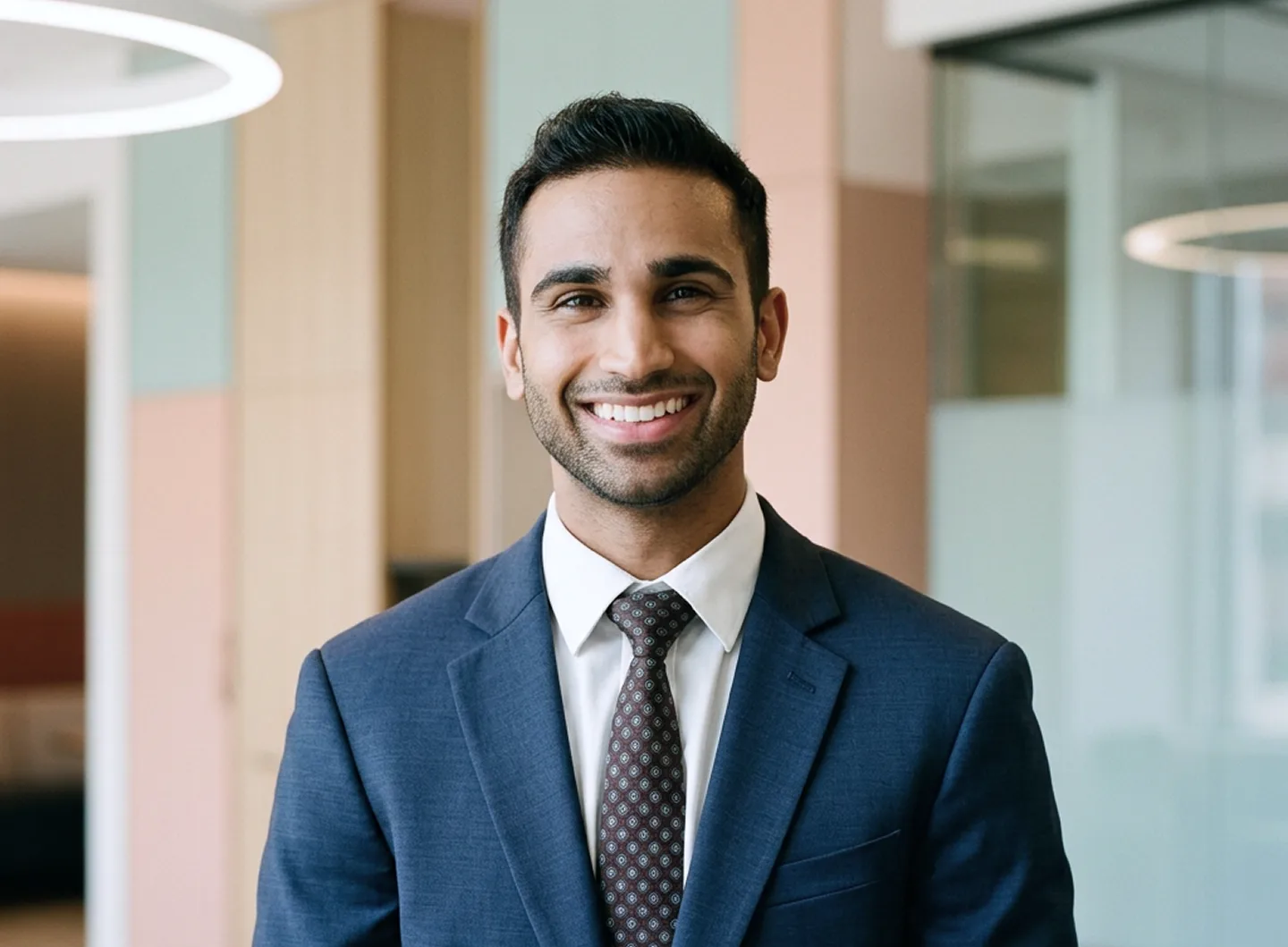 Male professional in navy blazer and patterned tie smiling in modern medical office with pendant lighting