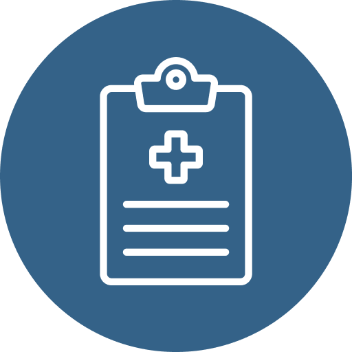 White medical clipboard icon on blue circular background