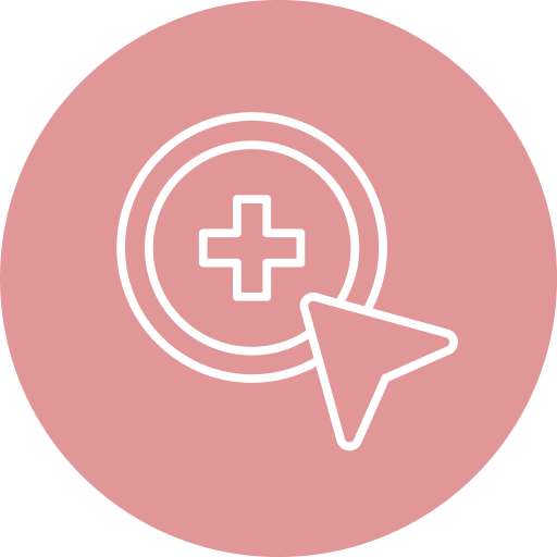 Pink circular icon with medical plus symbol inside target and cursor pointer