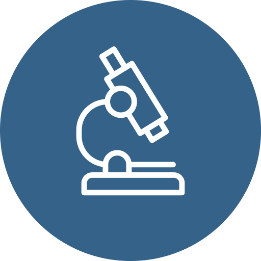 White microscope icon on blue circular background