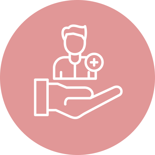 Hand holding healthcare provider with medical cross icon on pink circular background