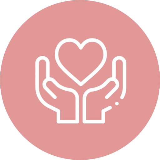 Two hands cradling heart symbol on pink circular background