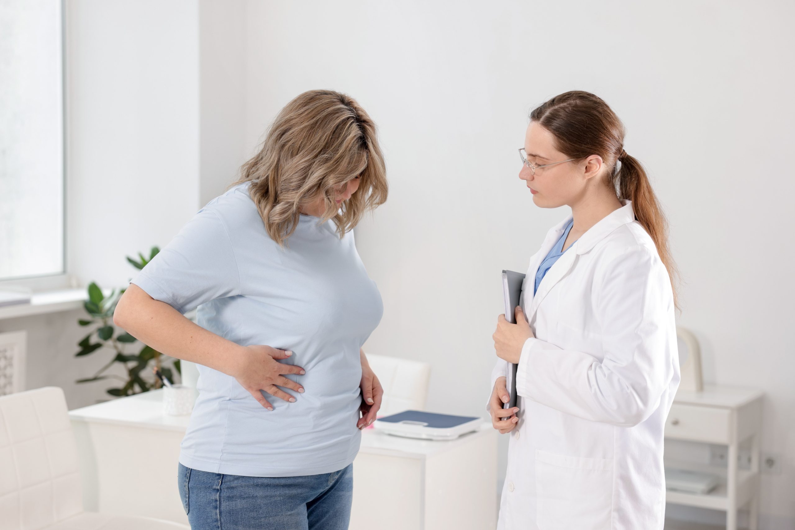 Pregnant woman discussing her care with a female doctor in clinic