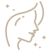 Line drawing of female face in profile with cosmetic enhancement indicators