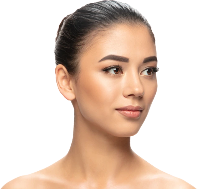Woman with clear skin looking to the side against white background